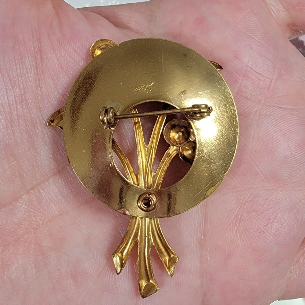 Pegasus Coro Pink & Blue Rhinestone Floral Gold-Tone Vintage Brooch